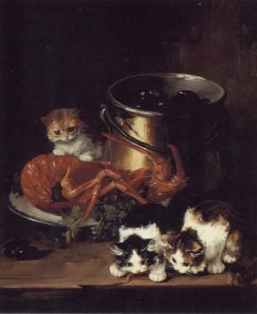 Alfred Arthur Brunel De Neuville : Kittens with Mussels and a Lobster